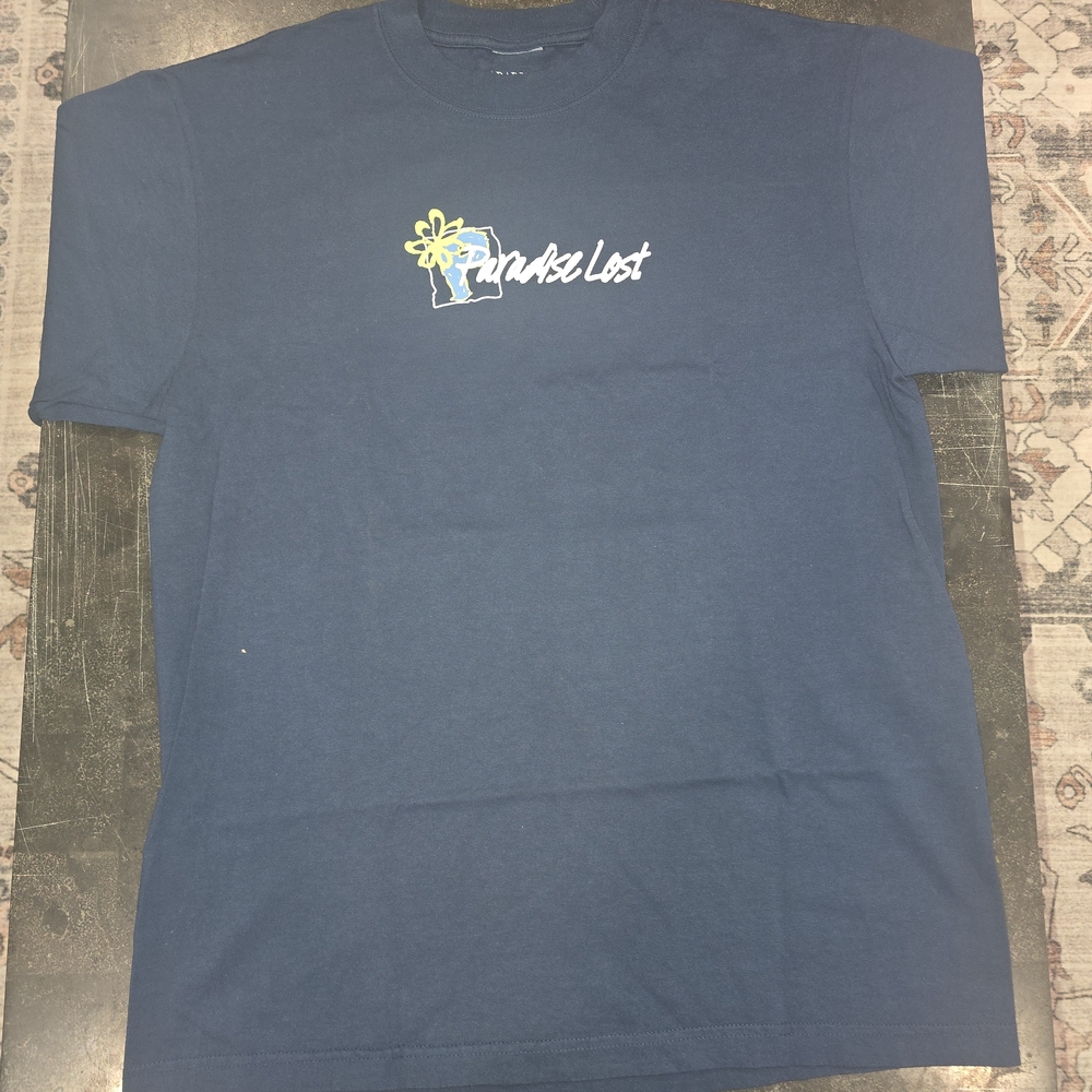Dark Blue Short-Sleeve Tee with Yellow Floral Logo